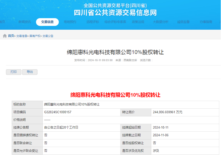 底價(jià)24.4億元，綿陽(yáng)惠科轉(zhuǎn)讓10%股權(quán)